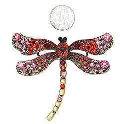 BIG 3" Gold Red Crystal Dragonfly Brooch Pin Fashion Jewelry