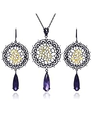 Nickel Free Sterling Silver Pendant & Earring Sets Hanging Black Rhodium Round Flower Design Set