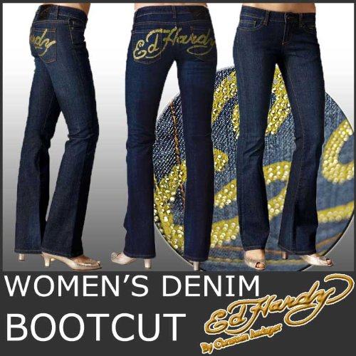 (エド・ハーディー)ED HARDY デニムブーツカット/黄ロゴ&ストーン 1112ジーンズ美脚Gパン