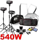 540w Studio Kit For Professional Home Studio Photography Includes Softbox Barndoor Trigger Bag 3x 180w Strobe Lights 3x Light Stands 75 Max Height 1x 70 X 50cm Softbox 1x 60 X 60 Cm Softbox 2x Blacks
