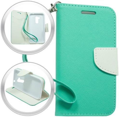 LG Magna 502G Volt 2 LS751 Wallet Hybrid Credit Card Premium Faux Leather Folio Clutch Pouch Stand Case Cover - identification &amp; Credit Card Pockets Flip Cover By Tunz (Teal/White)