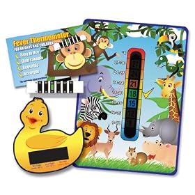 Pack of 'Happy Family' Jungle Animals Nursery and Room Thermometer, Duck Bath Thermometer and Monkey Forehead Thermometer for Baby/Child