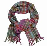 Cashmere Scarf Pink Blue Green and Brown Plaid Herringbone