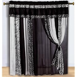 Black & White Micro Fur Zebra with Giraffe Design Window Curtain / Drape Set with Sheer Backing