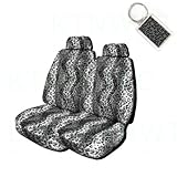 A Set of 2 Universal Fit Animal Print Low Back Bucket Seat Covers and 1 Key Fob - Snow Leopard