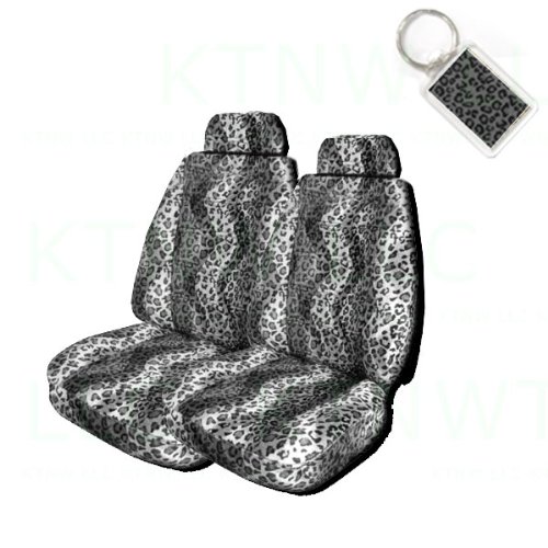 A Set of 2 Universal Fit Animal Print Low Back Bucket Seat Covers and 1 Key Fob - Snow Leopard