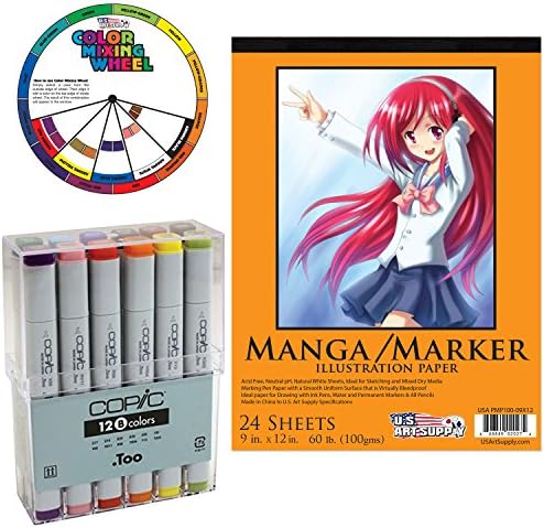 Copic Markers 12-Piece Basic Set with US Art Supply 9"x12" Marker Pad & Color Mixing Wheel