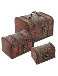 Home: Set of 3 Antique Style Detailed Wood Nesting Storage Boxes w/ Hasp Latch / Small Jewelry Organizer Chests - MyGift
