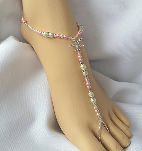 Barefoot Sandal, Rhinestone Starfish, White and Pink Pearl, Body Jewelry, Summer Barefoot Sandal, Girl Foot Sandals, Starfish Jewelry, Bridal Jewelry, Bridal Shoes, Summer Beach Wedding, Bridal Shoes, Foot Thong, Gift for Her