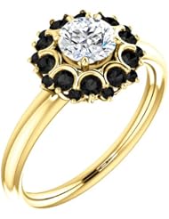 10K Yellow Gold Round Cut White and Black Diamond Flower Inspired Ring -- LIFETIME WARRANTY