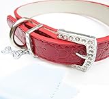 かわいい 首輪 犬 用 ライン ストーン クロコ 柄 PU 革 合成 皮革 可愛い 骨 チャーム 付き (レッド, Mサイズ) いぬかみっ!
