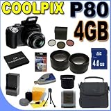 Nikon Coolpix P80 10.1MP 18x Optical Zoom Digital Camera 26114 4GB SD HC Memory Card - Extra Rechargeable Battery - Wide Angle & 2x Telephoto Lenses - 3pc. Filter Kit - BigVALUEInc Accessory Saver Bundle + MORE