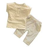 【SEBLES】ベビー 赤ちゃん 女の子 男の子 ユニセックス 半袖 ラウンドネック 無地 ポケット Tシャツ チェック ズボン ボトムス パンツ セット ツーピース コットン 綿(タイプA,80cm