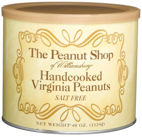 The Peanut Shop of Williamsburg Hand-Cooked Peanuts, Salt-Free Virginia Peanuts, 40-Ounce Tin (Pack of 2)