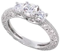 Sterling Silver Vintage Style Engagement ring, w/ two 4mm (.25 ct) & one 5mm (.5 ct) Round CZ Stones, 3/16" (5mm) wide