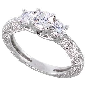 Sterling Silver Vintage Style Engagement ring, w/ two 4mm (.25 ct) & one 5mm (.5 ct) Round CZ Stones, 3/16
