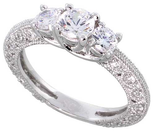 Childrens Toyshop  Jewelry : Sterling Silver Vintage Style Engagement ring, w/ two 4mm (.25 ct) & one 5mm (.5 ct) Round CZ Stones, 3/16" (5mm) wide