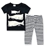 (ミニアウル)Miniowl 子供 男の子 女の子 ベビー 赤ちゃん 鯨 プリント 夏 半袖 Tシャツ ボーダー ロングパンツ キッズ レギンス セット 3ヶ月～24ヶ月 90