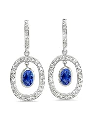 Duo Oval, Vintage Diamond Earrings In 18K White Gold With A 1.00 ct. Genuine Blue Sapphire Center Stone.