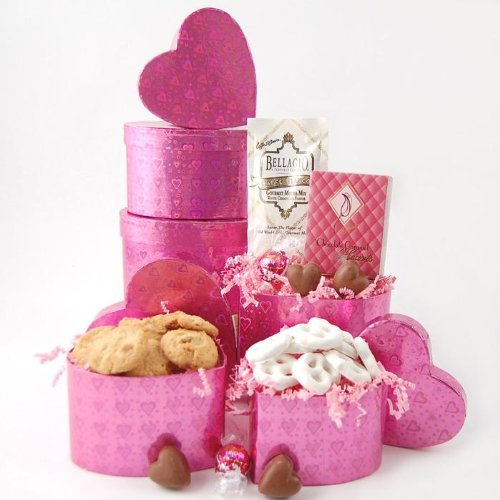Superior Stacking Pink Hearts Gourmet Candy & Cookie Tower - Valentines or Mothers Day Gift Idea