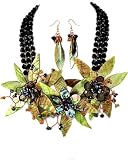 Black Bead and Abalone Shell Flower Necklace and Earrings Set