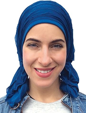 Pre Tied Head Scarf Fitted Bandana Tichel (Endless Blue Ruffles)