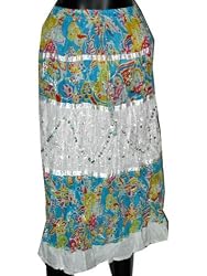 Designer Boho Skirt -White Aqua Printed Sequin Casual Bohemian Tier Skirt