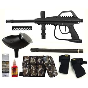 Take your paintball adventures to the next level with the JT Sports Tac-5 Sniper Mega Scenario Pack. An Amazon.com exclusive, the Mega Scenario Pack is equipped with everything you need for a full afternoon at the course, including a JT Tactical Tac-5 Recon semiautomatic paintball marker, a VL200 gravity-fed loader, a 14-inch sniper barrel, a machine-gun shroud, a camouflaged tactical harness system,   The Tac-5 Recon semiautomatic marker features a multiple-position feed port, two sniper positions, and a vertical assault position.   The VL200 gravity-fed loader is a premium 200-count feeder loader with a spring-loaded flip cap.   This kit also includes a parts kit, a bottle of Liquid Fire marker oil, a camouflaged tactical harness system, and a set of pads for your knees or elbows. a set of pads for your elbows or knees, a bottle of Liquid Fire marker oil, and a parts kit. 