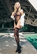 2Pc Swirl Motif Bodysuit With Snap And Matching Stocking Set (Black;One Size)