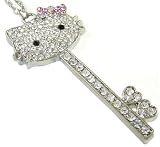 BIG Bling Iced Out Crystal Kitty Large Heart Key Necklace with Pink Bow - FREE SHIPPING!