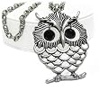 Burnished Silver and Black Crystal Dangle Eye Owl Fashion Pendant Necklace