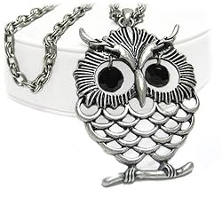 Burnished Silver and Black Crystal Dangle Eye Owl Fashion Pendant Necklace