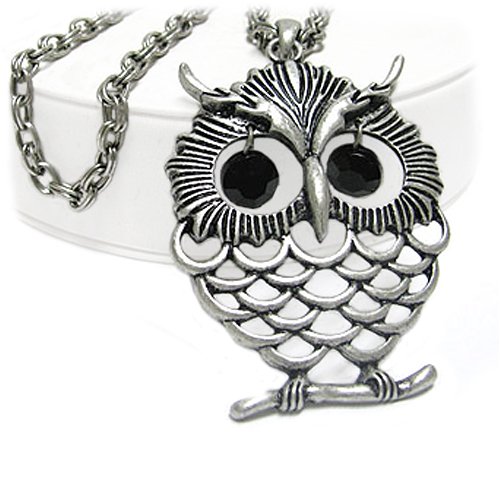 Burnished Silver and Black Crystal Dangle Eye Owl Fashion Pendant Necklace
