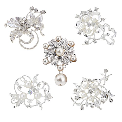 5pcs Silver Rhinestone Flower Pearl Wedding Brooches Pins Set