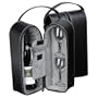 Black Leather Wine Carrier Caddy Bag w/ Two Glasses,Stopper/Opener -Nice Bar Set