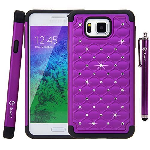 Galaxy Alpha Case, Galaxy Alpha Bling Case, Style4U Galaxy Alpha Studded Rhinestone Crystal Bling Hybrid Armor Case Cover for Samsung Galaxy Alpha with 1 Stylus [Purple / Black]