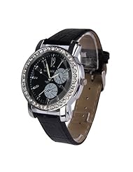 Vktech Fashion Womens Leather Band Rhinestone Alloy Dial Quartz Analog Watch (Black)