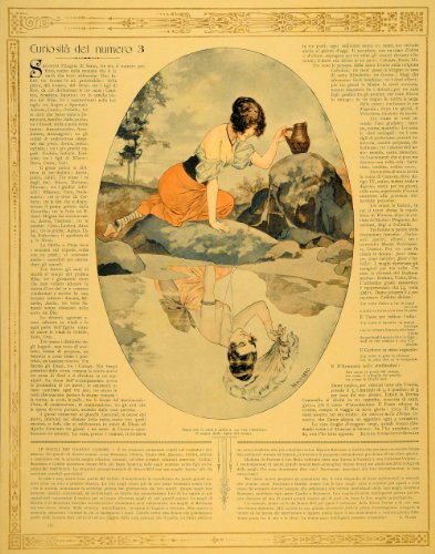 1921 Herouard Girl Reflection Art Nouveau Illustration - Original Print