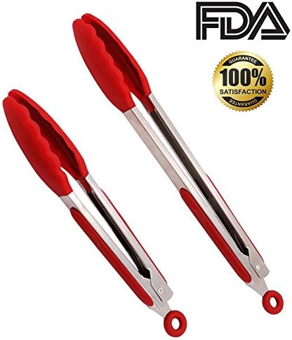 Bercol 2-Piece Tong Set Silicone Kitchen Cooking Salad Serving BBQ Tongs Stainless Steel Handle Utensil 9" Salad Tongs / 12" Barbecue (BBQ) Tongs