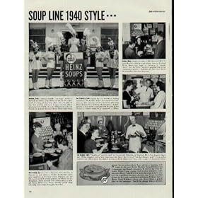 "Soup Line 1940 Style ... Houston, Texas: Comely car hops at Sivils' drive in restaurant add to the enjoyment of dining at this busy place. Boston, Massachusetts: Smart students of Harvard and M.I.T. stop at the Tech Pharmacy for a quick lunch. San Francisco, California: For the benefit of skating enthusiasts, Winterland, famed ice-rink is open year round. Los Angeles, California: "Soup's on" says the chef at Carpenter's Drive-In, on Glendale Boulevard. New Orleans, Louisiana: Gourmet's Paradise, New Orleans is famous for such dishes as Oysters Rockefeller, pompano papillote, and shrimp creole." ..... 1940 Heinz 57 Ad, A2425A