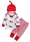 ベビー服　男の子 女の子 クリスマス 長袖 鹿プリント Tシャツ＆ストライプ パンツ　セット +帽子 (100(18-24M))