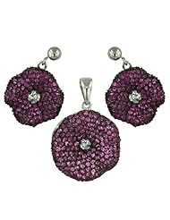 Sterling Silver Pave Fushia Corundum Flower Earring Pendant Set 16"