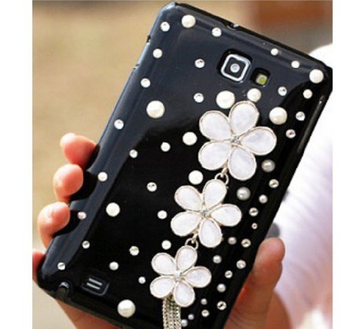 Black Flower Tassel Pearl Bling 3d Diamond Crystal Hard Back Cover Case for Samsung Galaxy Note 1 N7000 I9220 I717
