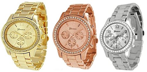 Geneva Silver Gold and Rose Gold Plated Classic Round CZ Ladies Boyfriend Watch