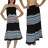 Womens Thai Boho Flowing Gathered / Smocked Bodice Crinkle Summer Dress / Skirt - Black & Blue (Size: one size)