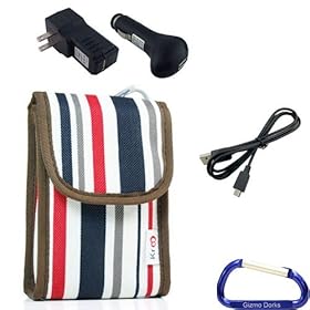 Gizmo Dorks Soft Nylon Canvas Case (Red/Blue Stripes) and Charging Bundle with Carabiner Key Chain for the Kodak Camera Playsport Zx5 or Kodak Playfull Camera