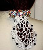 Hand Crocheted White Rayon Cotton Gimp Small Dress Snood Trimmed with Black Beads Mounted on French Barrette with Three Multicolor Beads Buttons