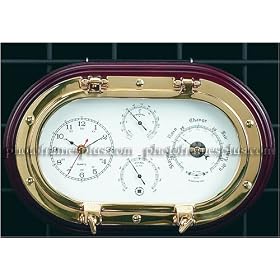 Brass Porthole Clock, Barometer, Thermometer, Hygrometer on Mahogany by PhotoFramesPlus