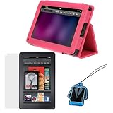 IMAGE OF GTMax Hot Pink High Quality Premium Leather Carrying Cover Case Folio with Built-in Stand + Clear LCD Screen Protector + LCD Screen Cleaner Strap for Amazon Kindle Fire Tablet