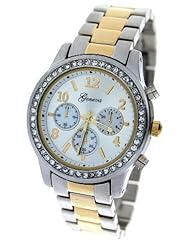Geneva Womenss Two Tone Metal Band Watch with Baguette Stones Bezel